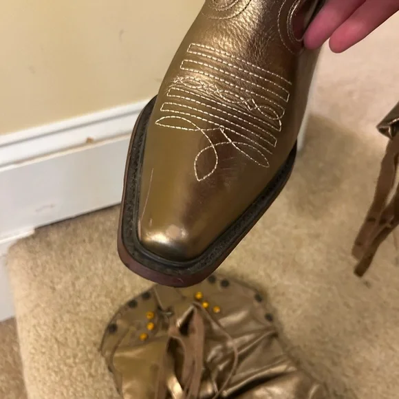 Steve Madden leather metallic gold stud detail slouch fringe cowgirl boots - Picture 11 of 13